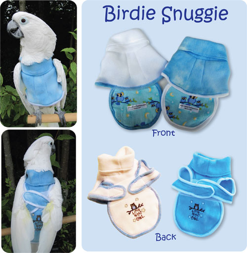 Birdie Snuggie White, Blue Trim (Wide) - Click Image to Close